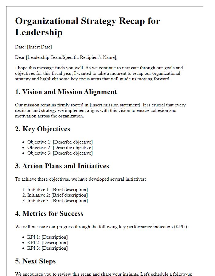 Letter template of organizational strategy recap for leadership