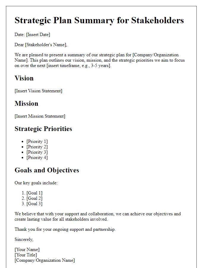 Letter template of strategic plan summary for stakeholders