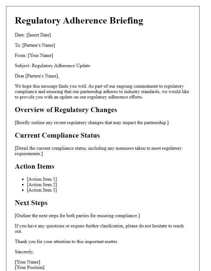 Letter template of regulatory adherence briefing for partners