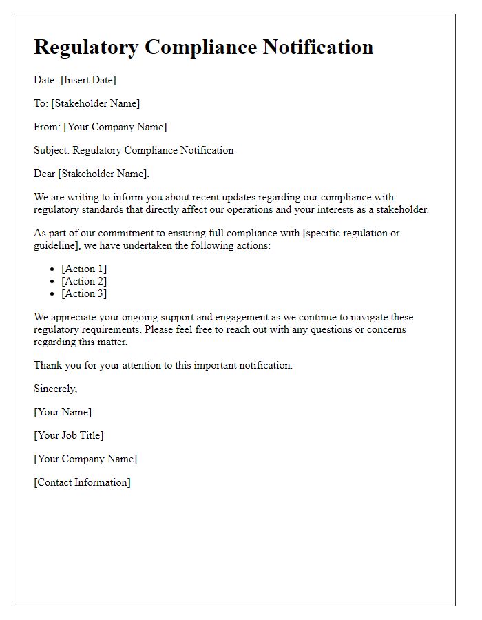 Letter template of regulatory compliance notification for stakeholders