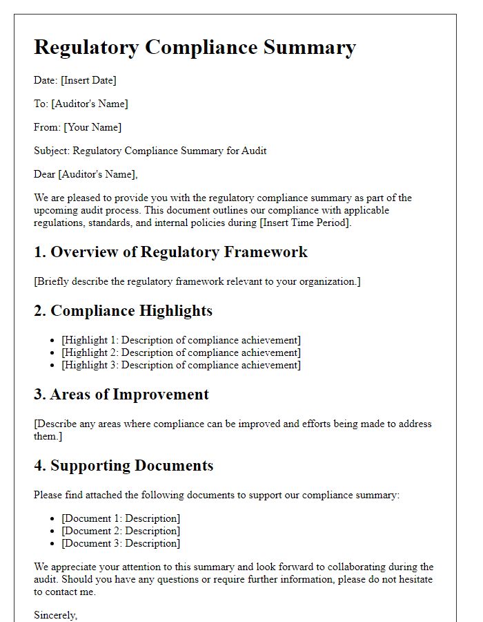 Letter template of regulatory compliance summary for auditors