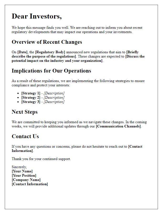 Letter template of regulatory developments communication for investors