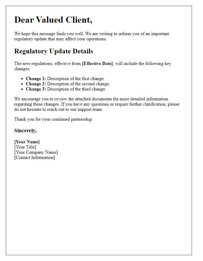 Letter template of regulatory update announcement for clients