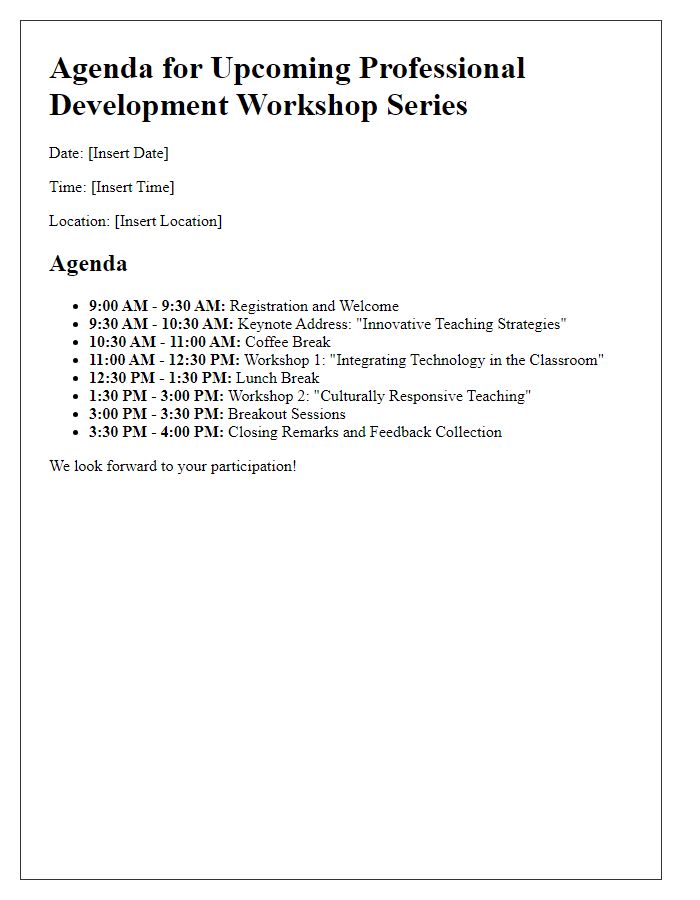 Letter template of agenda for upcoming professional development workshop series