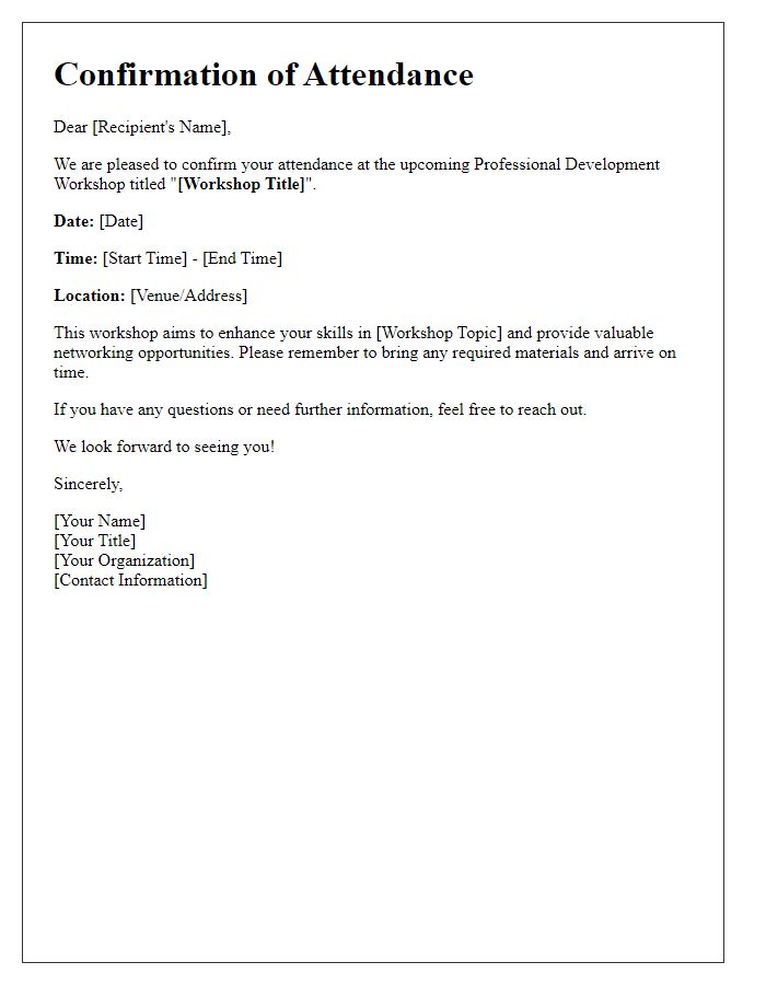 Letter template of confirmation for professional development workshop attendance