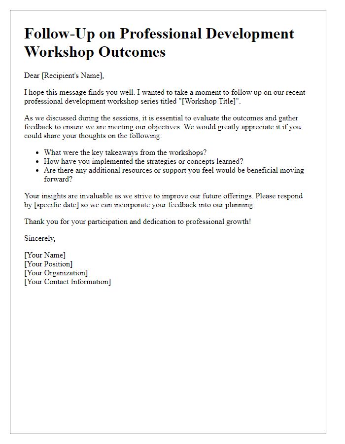 Letter template of follow-up on outcomes from professional development workshop series