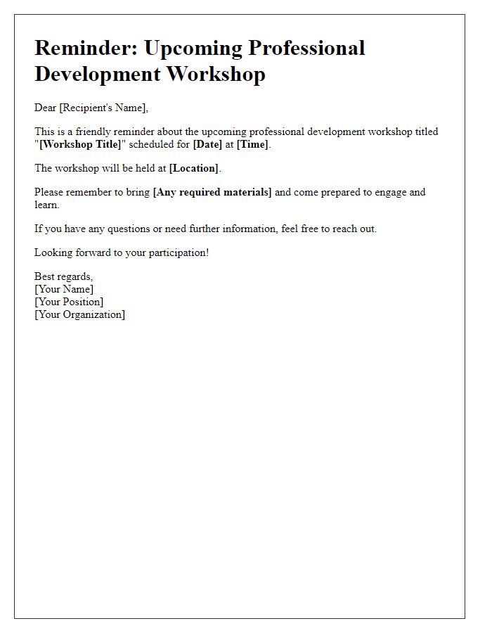 Letter template of reminder for upcoming professional development workshop