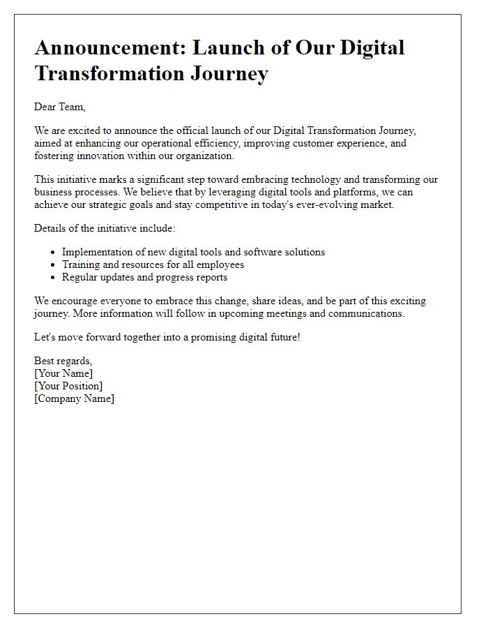 Letter template of announcement for digital transformation journey launch.