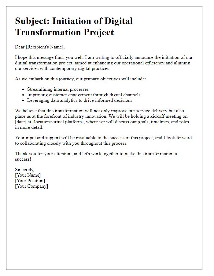 Letter template of communication for starting a digital transformation project.