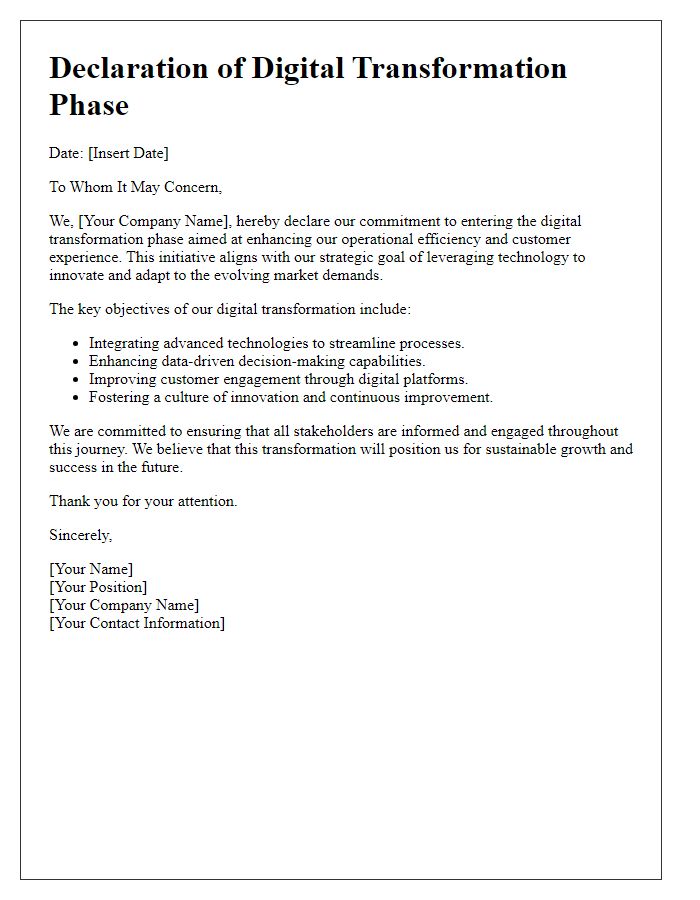 Letter template of declaration for entering the digital transformation phase.