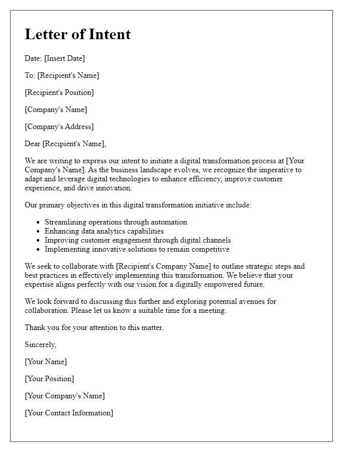 Letter template of intent for digital transformation process initiation.