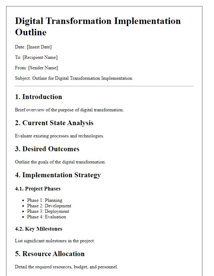 Letter template of outline for digital transformation implementation.