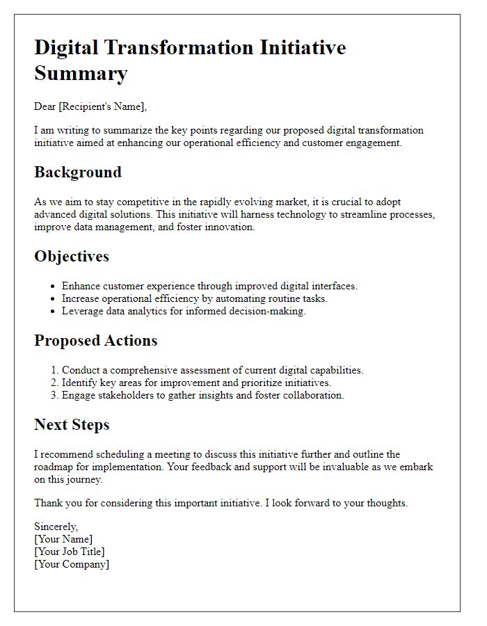 Letter template of summary for initiating a digital transformation initiative.