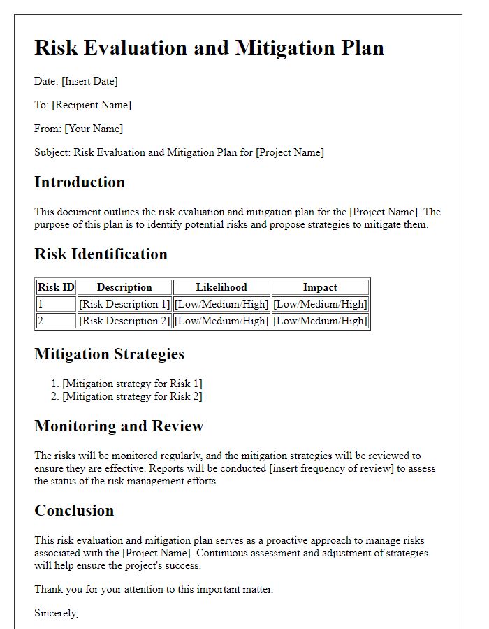 Letter template of risk evaluation and mitigation plan