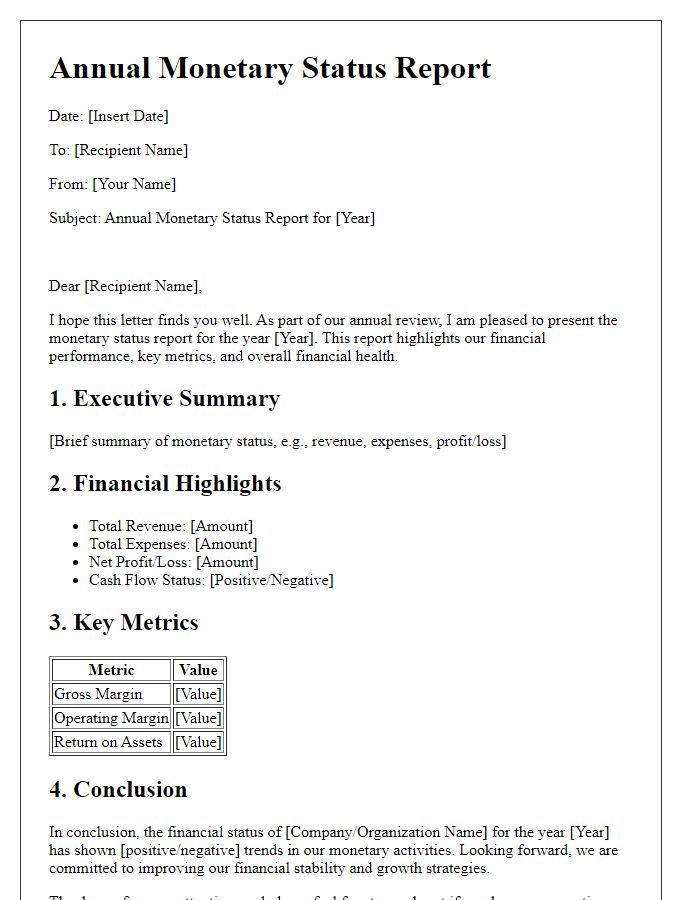 Letter template of annual monetary status report