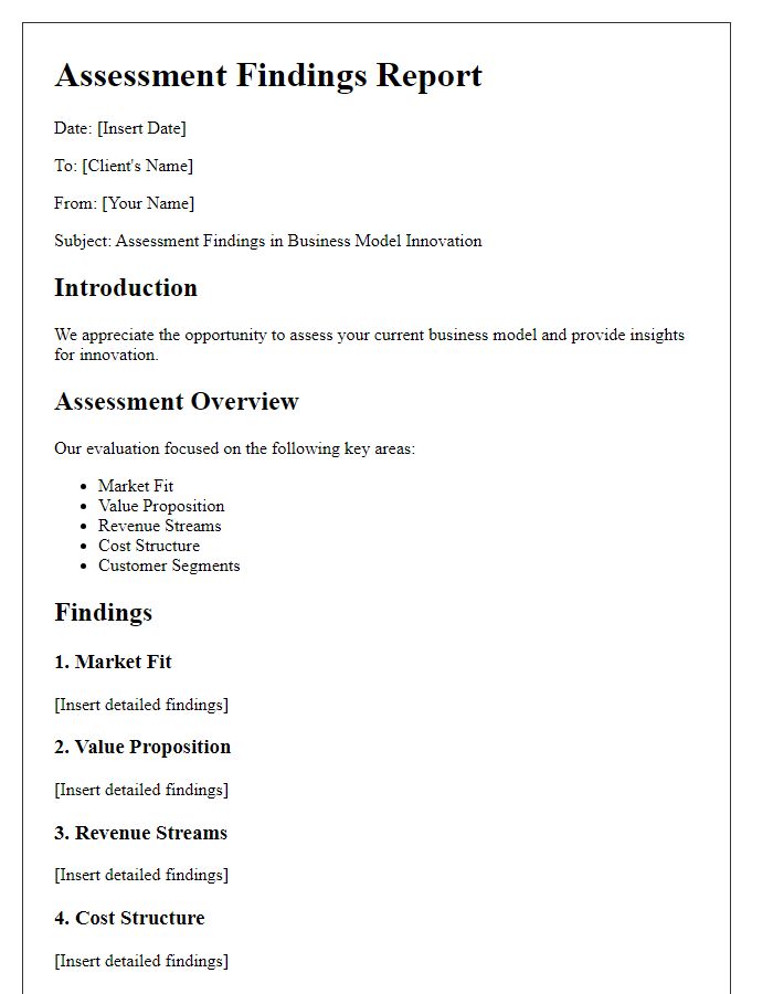 Letter template of assessment findings in business model innovation consultancy