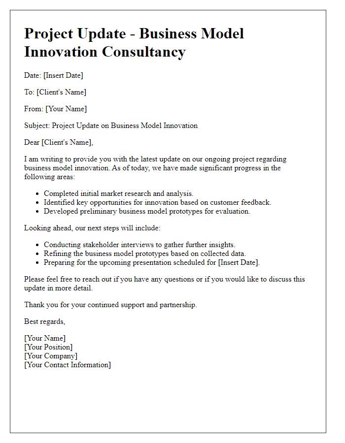 Letter template of project update in business model innovation consultancy