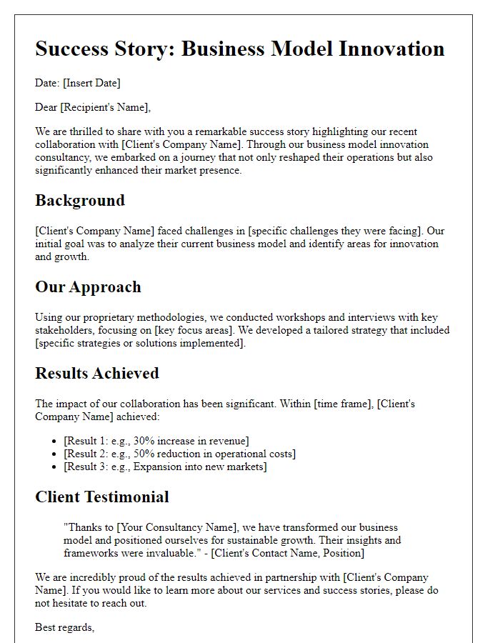 Letter template of success stories from business model innovation consultancy