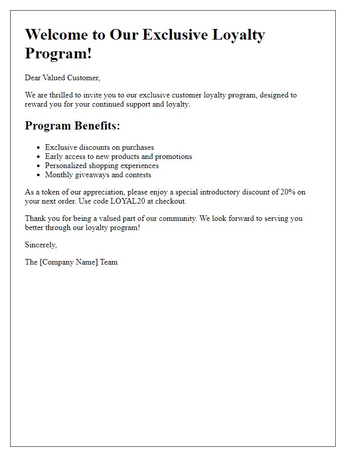 Letter template of exclusive customer loyalty program