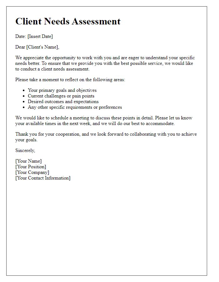 Letter template of specific client needs assessment