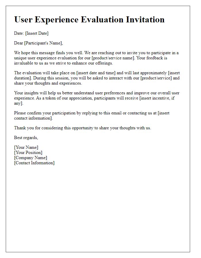 Letter template of unique user experience evaluation