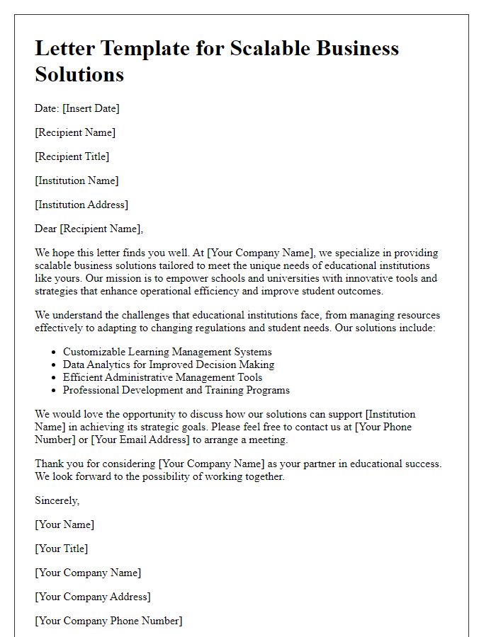 Letter template of scalable business solutions for educational institutions