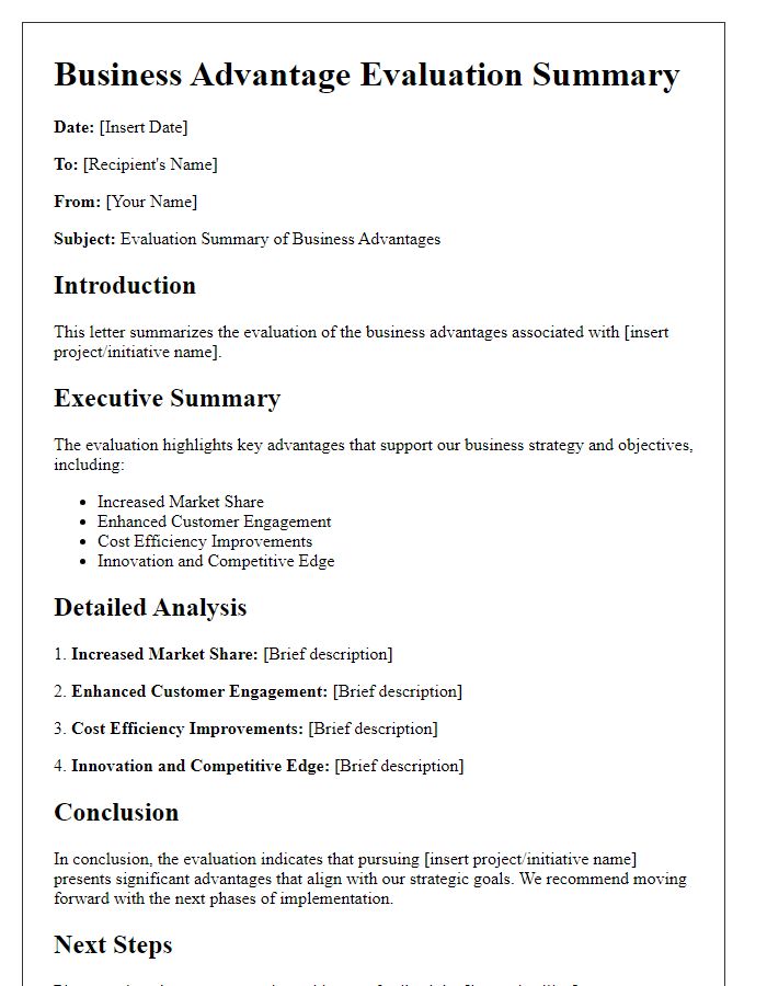 Letter template of business advantage evaluation summary