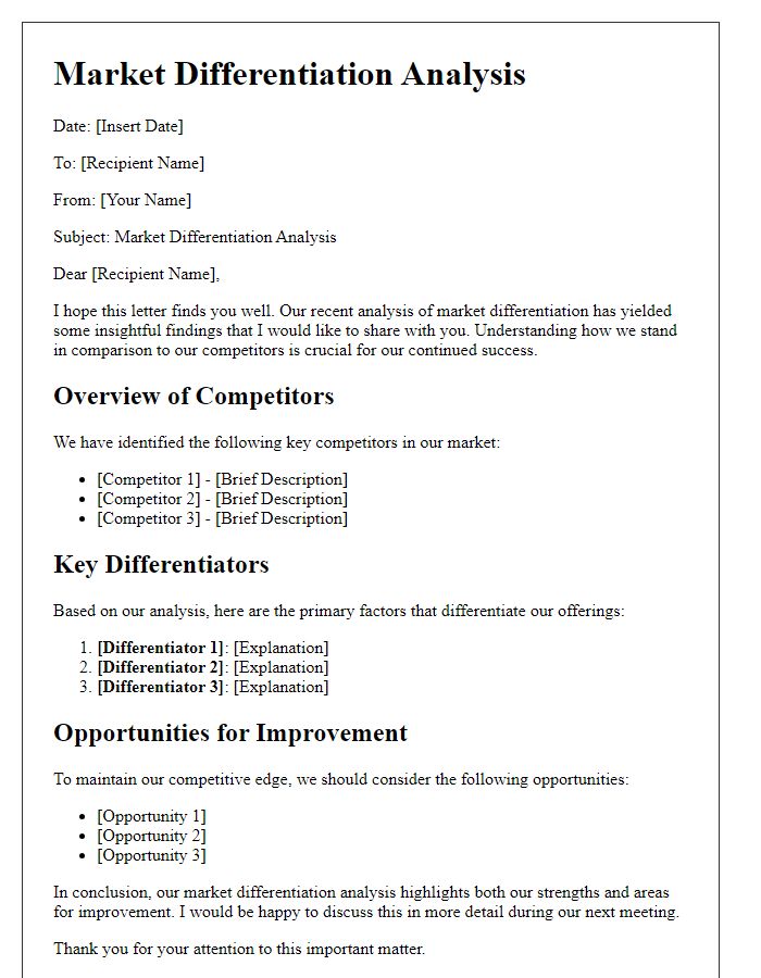 Letter template of market differentiation analysis