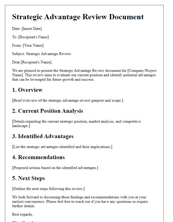 Letter template of strategic advantage review document