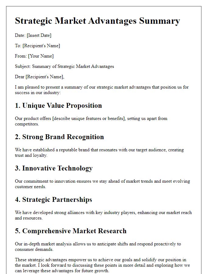 Letter template of strategic market advantages summary