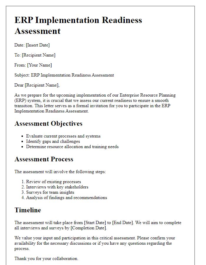 Letter template of ERP implementation readiness assessment