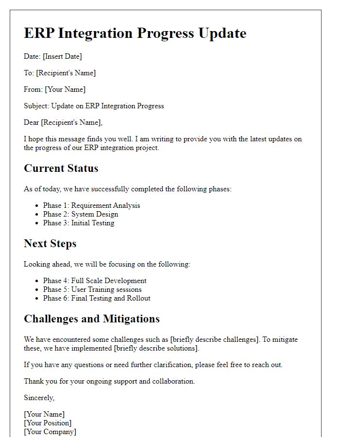 Letter template of ERP integration progress update