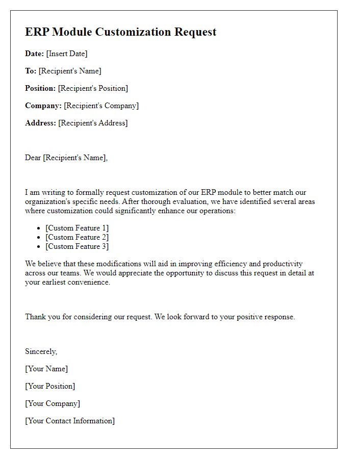 Letter template of ERP module customization request