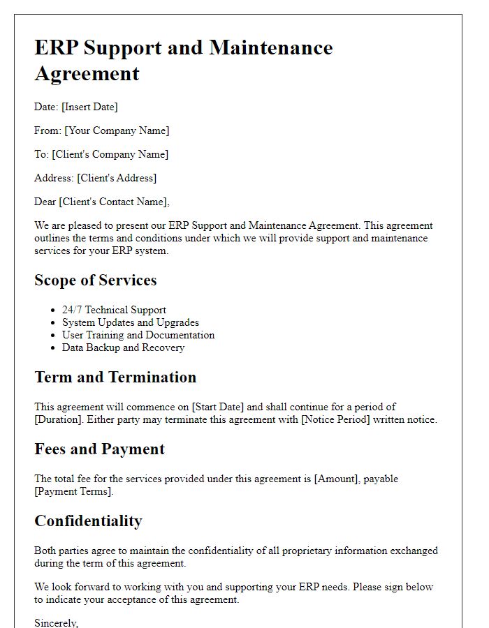 Letter template of ERP support and maintenance agreement