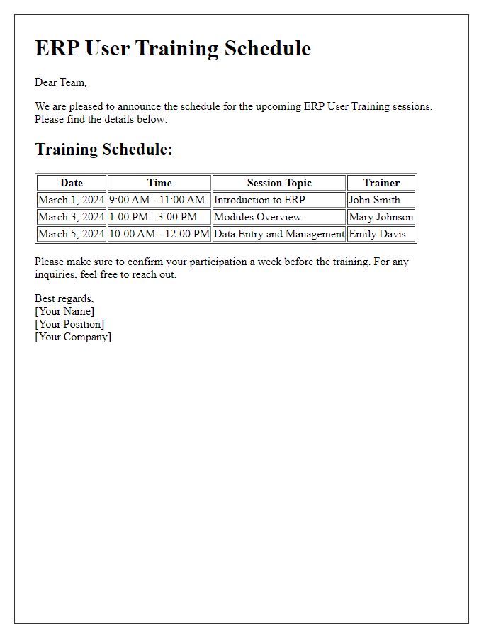 Letter template of ERP user training schedule