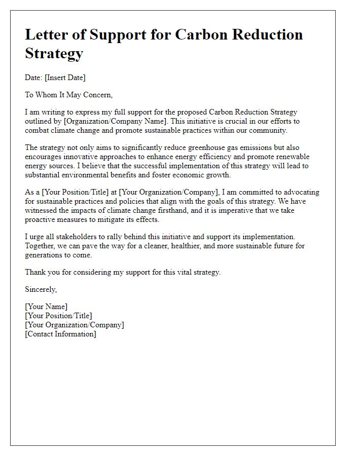 Letter template of carbon reduction strategy backing