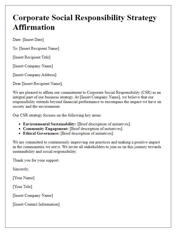 Letter template of corporate social responsibility strategy affirmation