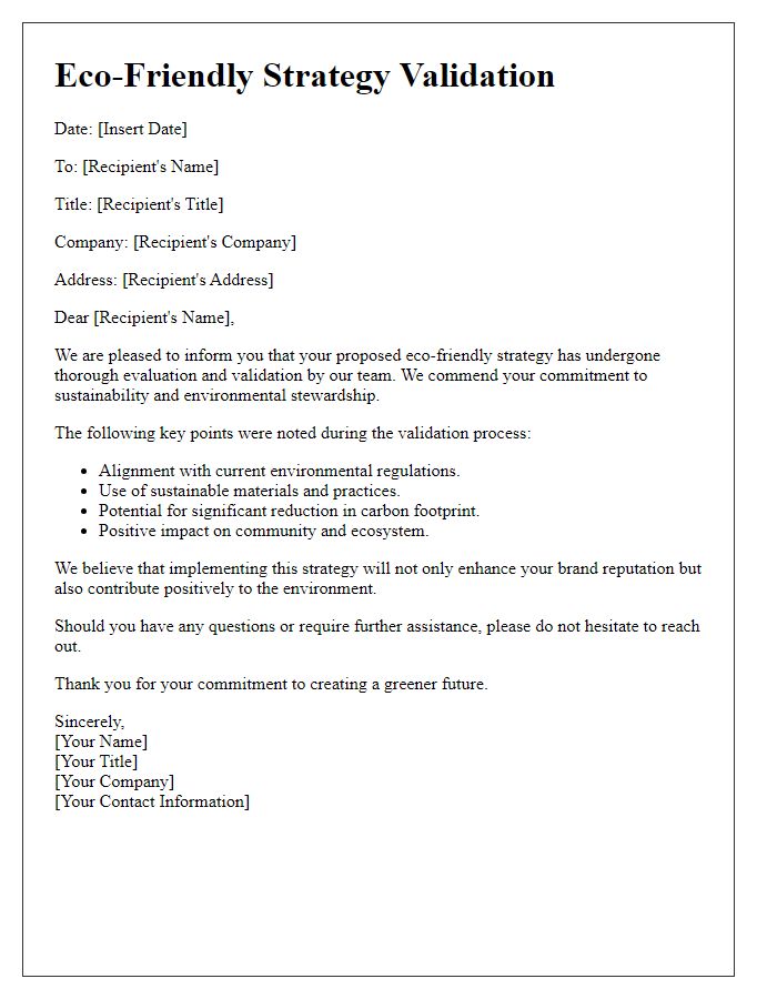 Letter template of eco-friendly strategy validation
