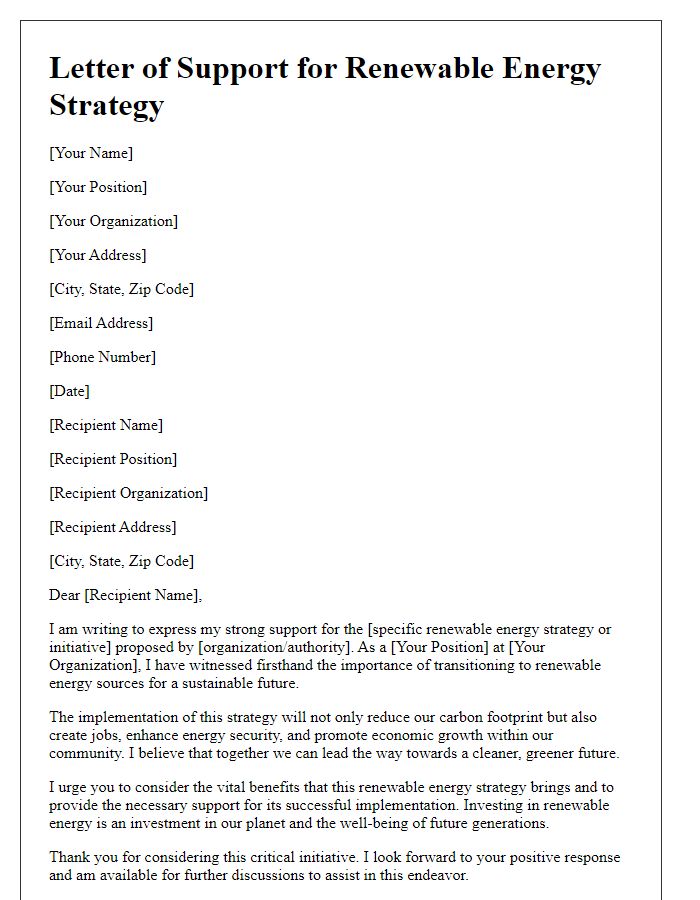 Letter template of renewable energy strategy support