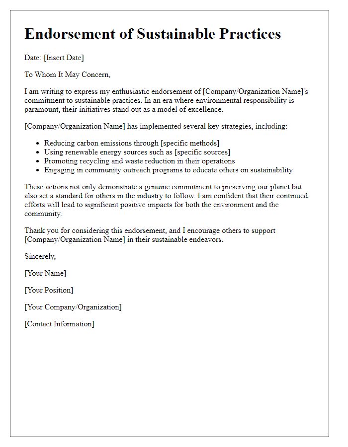 Letter template of sustainable practices endorsement