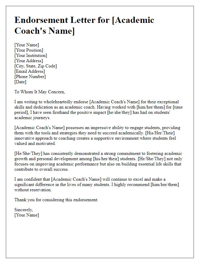 Letter template of endorsement for an academic coach