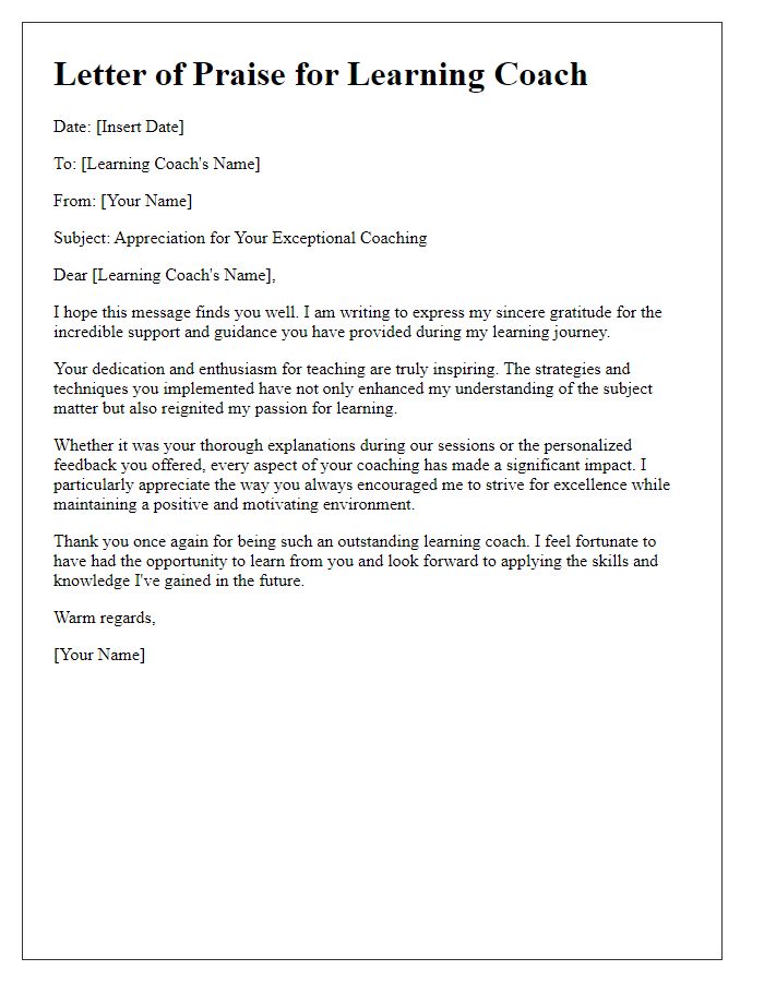 Letter template of praise for a learning coach