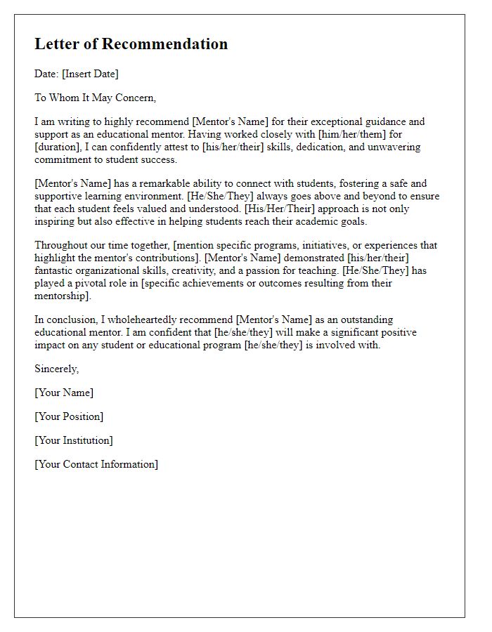 Letter template of recommendation for an educational mentor