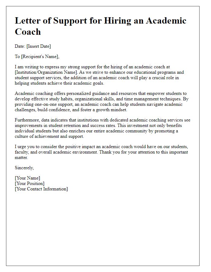 Letter template of support for hiring an academic coach