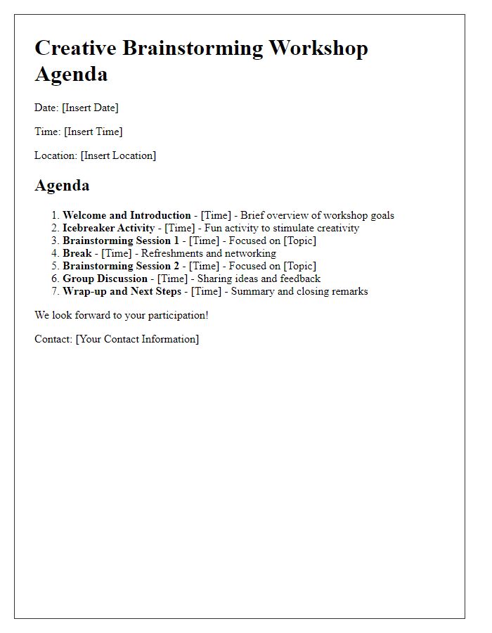 Letter template of creative brainstorming workshop agenda