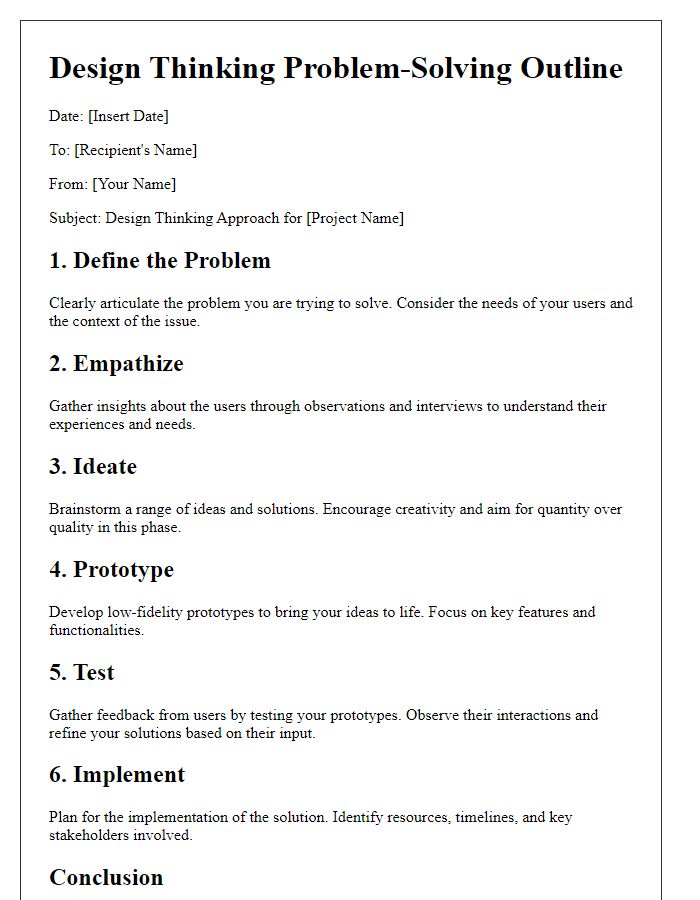 Letter template of design thinking problem-solving outline