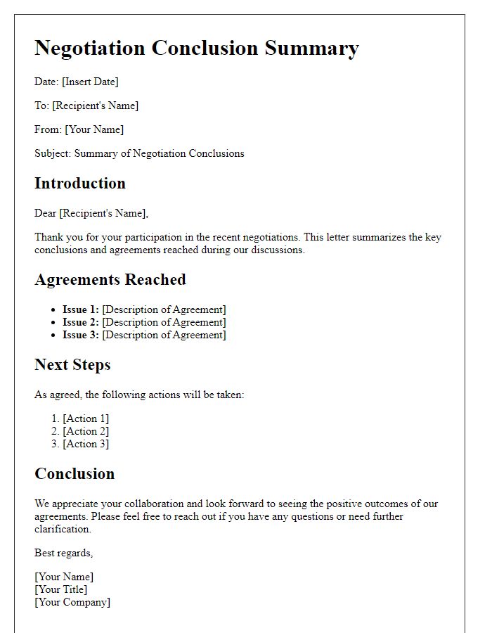 Letter template of negotiation conclusion summary