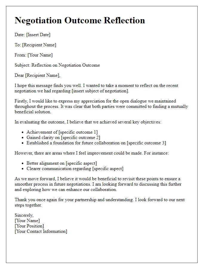 Letter template of negotiation outcome reflection