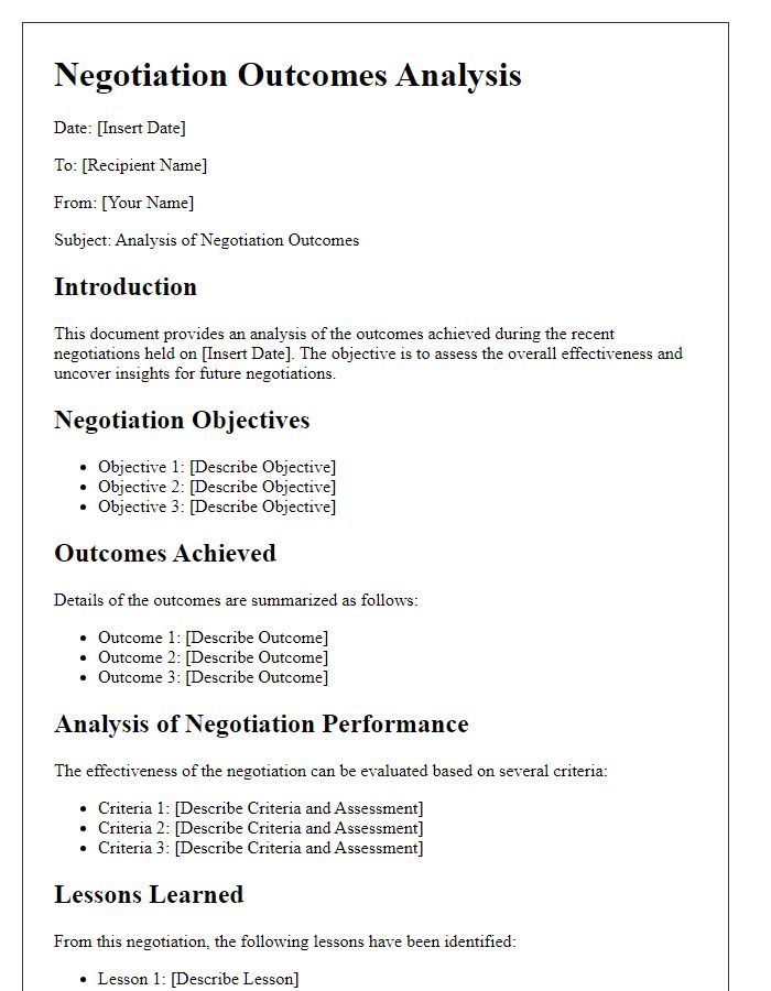 Letter template of negotiation outcomes analysis document