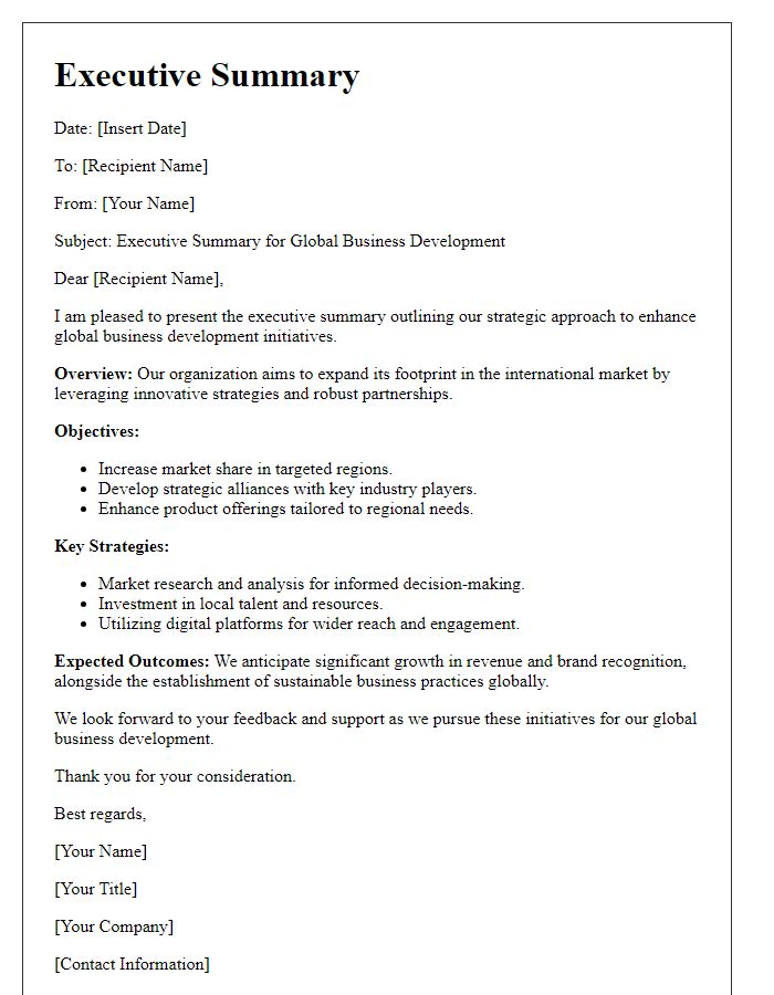 Letter template of executive summary for global business development